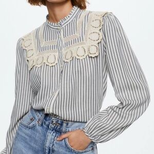 Mango Swiss Embroidery Blue Stripe Cotton Blouse, Size 6, Like New